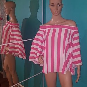 Off the shoulder pink and white flowy top